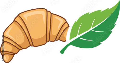 Single golden brown croissant with a green leaf isolated on white background