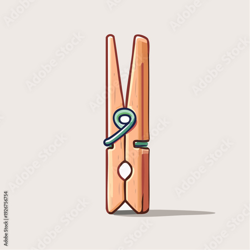 A wooden clothespin with a metal spring stands upright on a plain surface from a front viewpoint