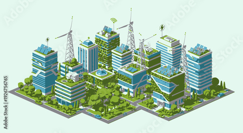 Isometric illustration of a modern sustainable city with green buildings, solar panels, and wind turbines, showcasing eco-friendly urban development and renewable energy.