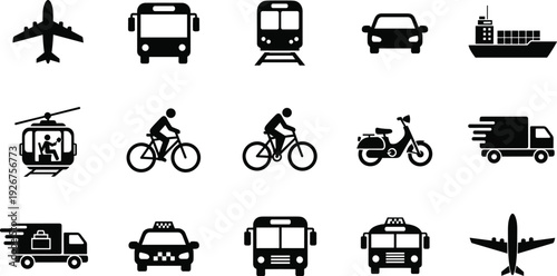Transportation icon set vector illustration featuring airplane, bus, train, car, bicycle, taxi, truck and ship symbols collection