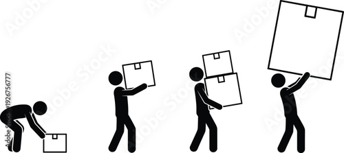 Stick Figure People Carrying Cardboard Boxes in Different Sizes Representing Relocation Moving Services Logistics Delivery Progress Growth and Manual Labor