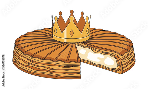 Galette des Rois cake with a golden crown on top and one slice removed, revealing the white creamy filling, isolated on white background