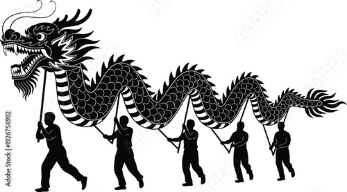Chinese dragon dance silhouette vector illustration with detailed scales and performers carrying traditional puppet for cultural festival celebration