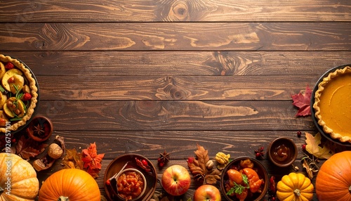 Wallpaper Mural Thanksgiving Feast on Rustic Wood - Pumpkins, Pies, and Autumn Decor. Torontodigital.ca