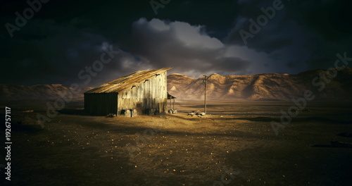 Photos isolated corrugated shelter in arid landscape, makeshift utility pole nearby, cr