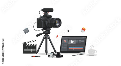 A professional black digital camera on a tripod positioned next to a laptop displaying video editing software with film production accessories on a white surface.