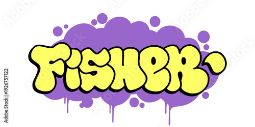 Fisher Maritime Profession Graffiti Throw Up. Bold Purple Bubble Lettering with Yellow Drip Effect for Nautical Identity and Urban Streetwear Branding.