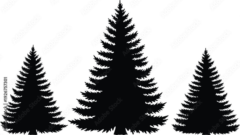 Fototapeta premium Pine tree silhouette vector illustration set, evergreen conifer forest trees isolated on white background, nature elements for winter and mountain designs.