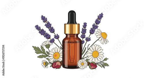 A brown glass essential oil bottle with a gold cap stands centered among purple lavender sprigs and white chamomile flowers on a white background.