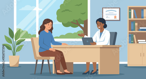Female doctor consulting with a female patient in a modern, bright office with a large window, discussing health issues and providing professional medical advice and support