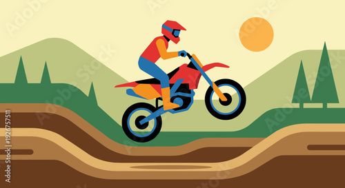 Motocross rider on a red dirt bike jumping over a dirt track in a stylized, flat vector illustration of a hilly landscape with trees and a bright sun