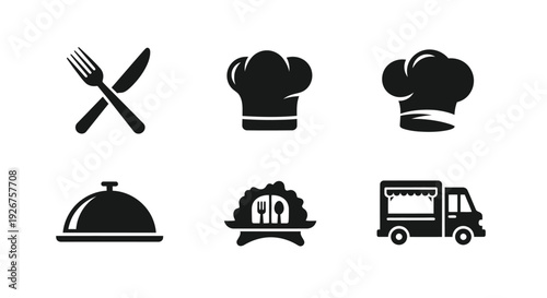 Culinary icons including chef hats utensils and food service silhouette