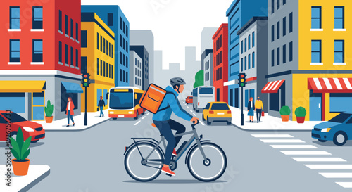Food delivery courier riding a bicycle with a large orange backpack through a busy city street with traffic, pedestrians, and colorful buildings in a modern flat vector style
