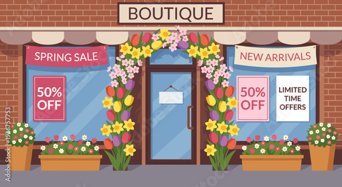 The illustrated facade of a charming boutique with a brick wall, decorated with a colorful floral arch of tulips and daffodils for a seasonal spring sale with discount signs