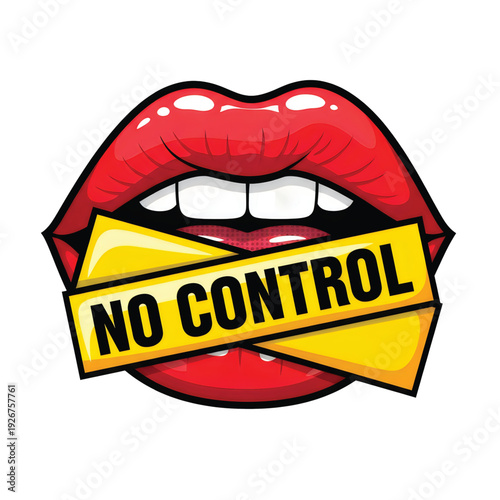 Pop art style red lips with yellow tape across mouth reading "NO CONTROL" in black text, depicting censorship or lack of freedom.
