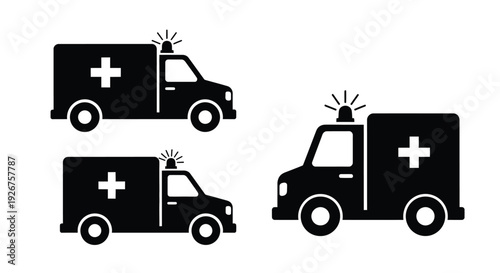 Black ambulance icons with flashing lights a stark graphic silhouette