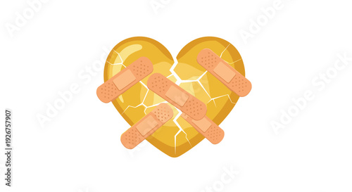 A yellow heart with numerous surface cracks is covered by four tan adhesive bandages placed at various angles on a white background.