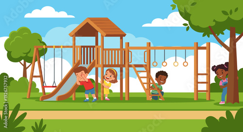 Happy diverse cartoon children playing hide-and-seek at a wooden playground structure with a slide and swings in a green park on a sunny day with a blue sky and clouds