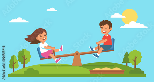 Cheerful cartoon boy and girl riding a seesaw at a playground on a sunny summer day, a happy flat vector illustration depicting friendship, joy, and outdoor activity