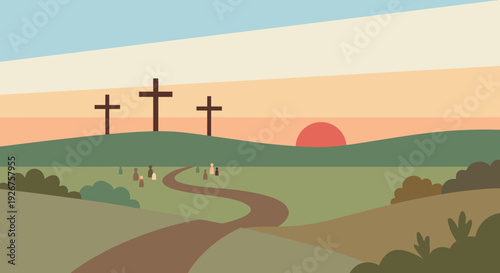 Three wooden crosses stand on a green hill at sunrise, a religious symbol of crucifixion with a winding path leading towards the scene in a flat design illustration