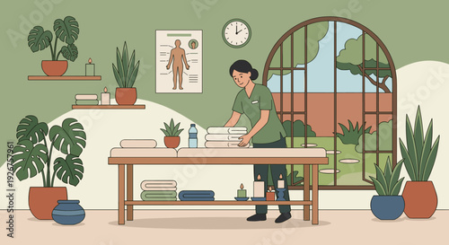 Female massage therapist in a green uniform prepares a massage table with clean towels in a tranquil spa room decorated with plants and candles