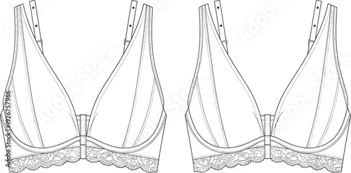 Technical vector illustration of women’s lace support bra front view with adjustable straps, detailed seams, fashion flat template