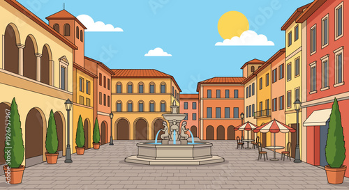 Vibrant cartoon town square features a beautiful fountain surrounded by colorful European-style buildings, potted trees, and outdoor cafe seating under a sunny blue sky