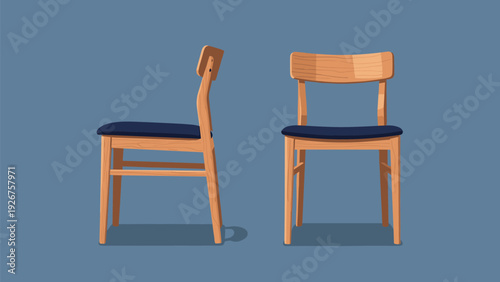 Profile and front views of a simple modern wooden chair with a dark blue seat cushion against a plain blue background.