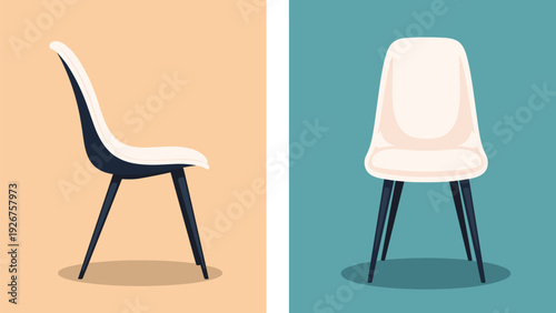 Pair of modern white chairs with black legs shown from the side and front on peach and teal background panels for design.