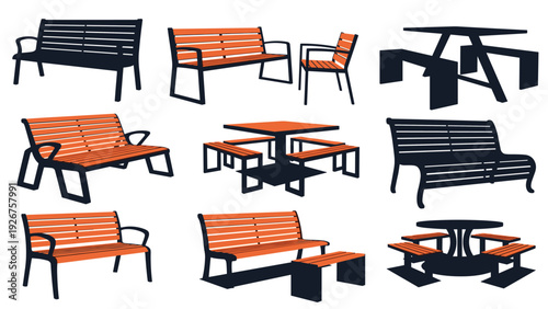 Set of black and orange silhouettes showing various park benches and picnic tables with integrated seating for public use.