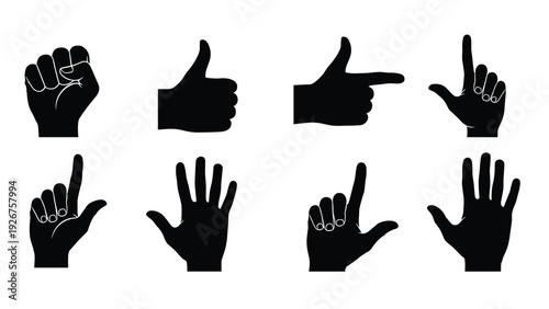 Collection of eight black hand silhouettes performing various gestures like thumbs up pointing and open palm on white.