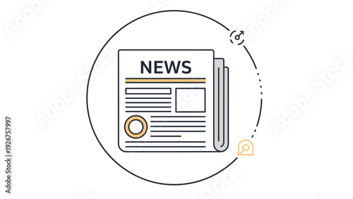 Newspaper icon for media and press concept in a circular frame with minimalist design elements on white background.