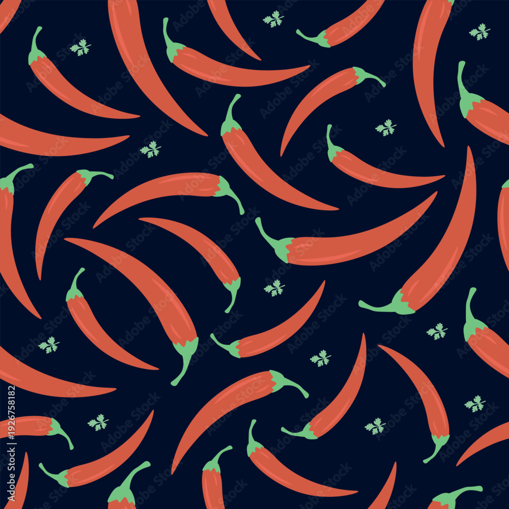 Fototapeta premium Red chili pepper seamless vector pattern on dark background for textile, wallpaper and packaging