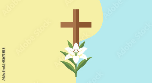 Brown Christian cross with a white lily symbolizes resurrection and faith in this minimalist Easter illustration, set against a simple pastel yellow and blue background with copy space