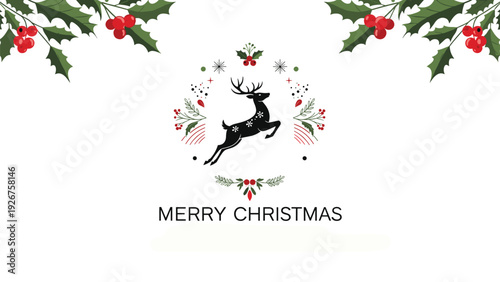 Elegant Christmas greeting card design with Merry Christmas text a reindeer silhouette and holly berry branches.