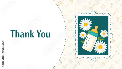 Sweet baby shower thank you card design featuring a baby bottle and white daisy flowers in a decorative frame.