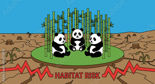 Three cartoon panda bears sitting on a small patch of green land with bamboo, surrounded by a deforested landscape illustrating the concept of habitat loss and environmental risk