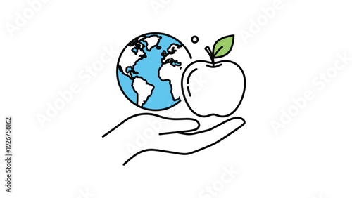 Environmental health concept showing a hand holding a white apple in front of a blue globe of the earth representing sustainability.