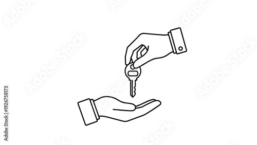 Real estate and car ownership concept showing two hands exchanging a metal key in minimalist line art style on white background.