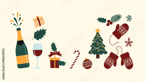 Collection of festive Christmas elements including a champagne bottle wine glass gift boxes decorated tree and winter mittens.