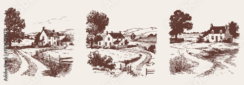 Rural countryside houses rolling hills peaceful village set. Small homes with fences, trees and winding roads. Illustration for editorial or travel design. Vector pencil drawn sketch style.