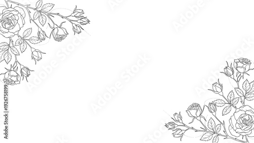 Romantic black and white floral borders featuring roses and buds in opposing corners for elegant stationery design.