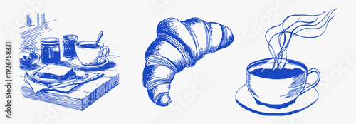 Croissant pastry and hot coffee minimal icons. Clean blue hand drawn outlines isolated on light background. Simple bakery elements for packaging, menu or sticker design.
