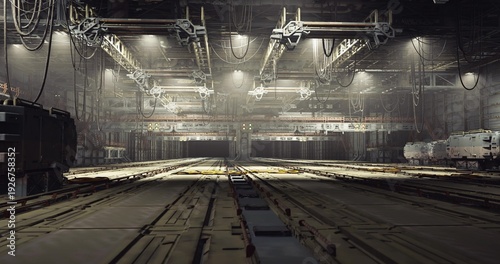 Cuadro en lienzo Empty dry dock with equipment, Stationary vessel bay with tools and structures,