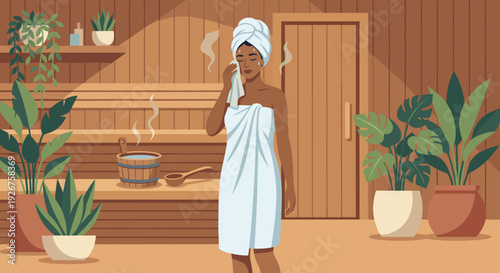 Relaxed woman wrapped in a white towel enjoys a hot steam session, wiping her face in a modern wooden sauna surrounded by lush green potted plants for a wellness retreat