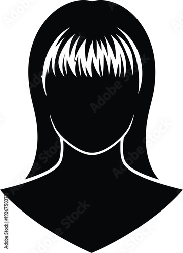 A black silhouette of a woman's head with straight bangs and shoulder length hair
