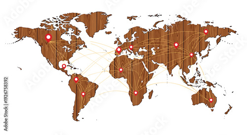 A world map with a vertical wood grain texture features red location pins connected by curved yellow lines.