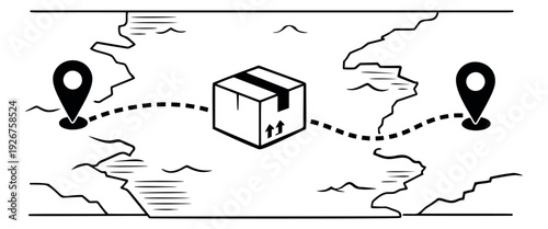 Line art illustration of global package delivery depicting a shipping route for e-commerce and logistics concepts