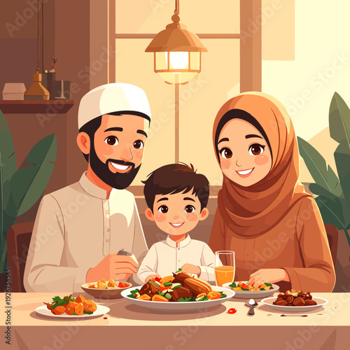 Happy Muslim Family Enjoying a Delicious Meal Together.