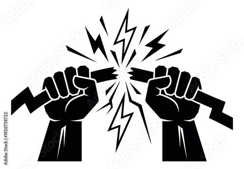 Graphic illustration of two fists breaking a lightning bolt depicting power and resistance for protest and struggle concepts
